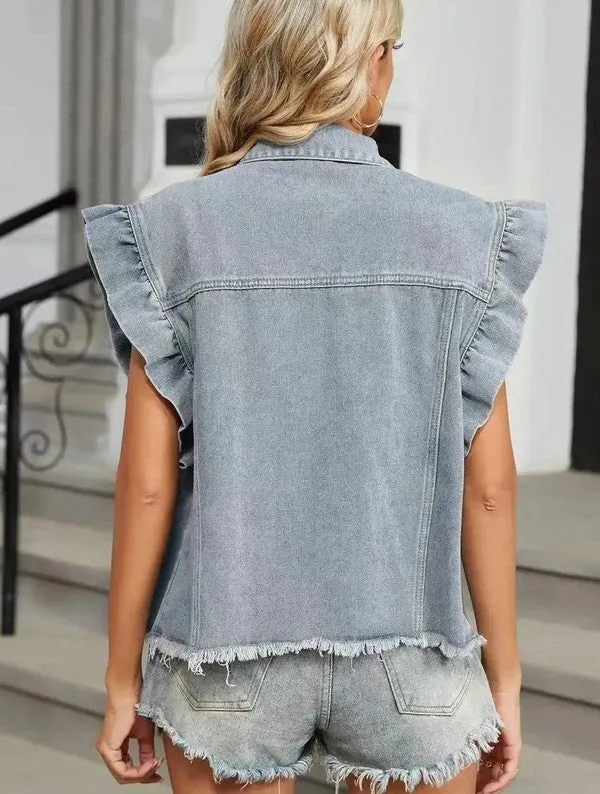 Short sleeve ruffle denim vest sold by Charming Charlie product image thumbnail 3