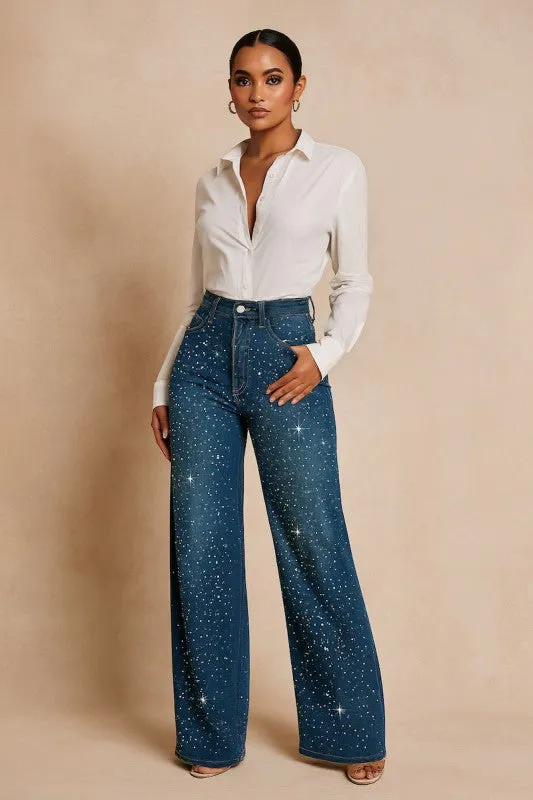 Wide Leg Rhinestone Jean sold by Charming Charlie