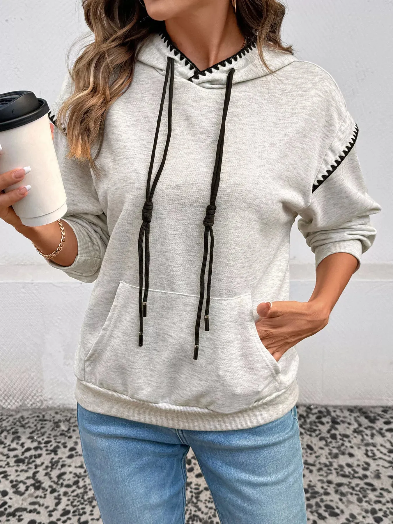 Contrast Trim Drawstring Hoodie with Kangaroo Pocket sold by Charming Charlie product image thumbnail 4