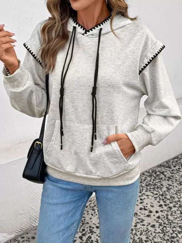 Contrast Trim Drawstring Hoodie with Kangaroo Pocket sold by Charming Charlie