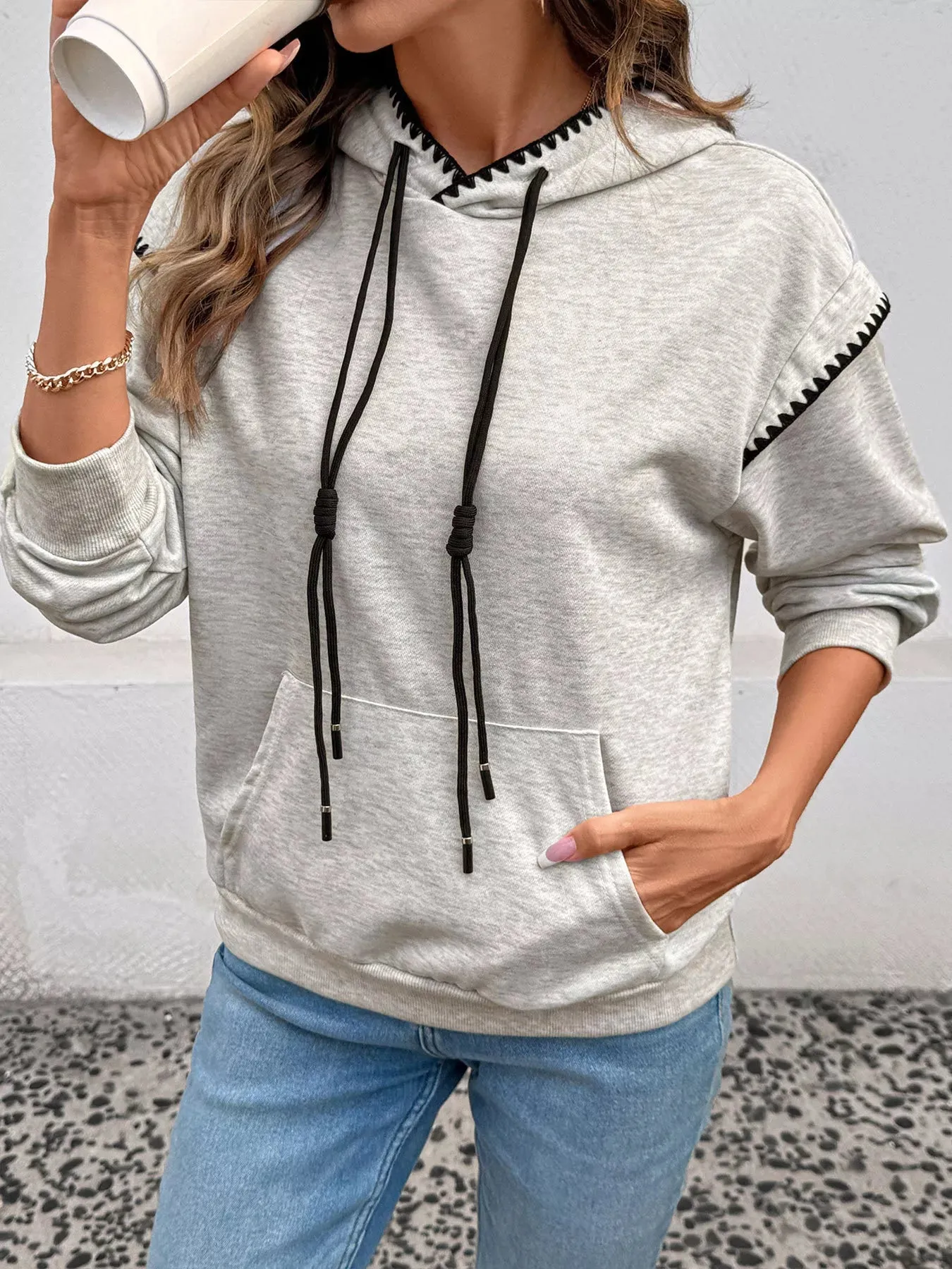 Contrast Trim Drawstring Hoodie with Kangaroo Pocket sold by Charming Charlie product image thumbnail 2