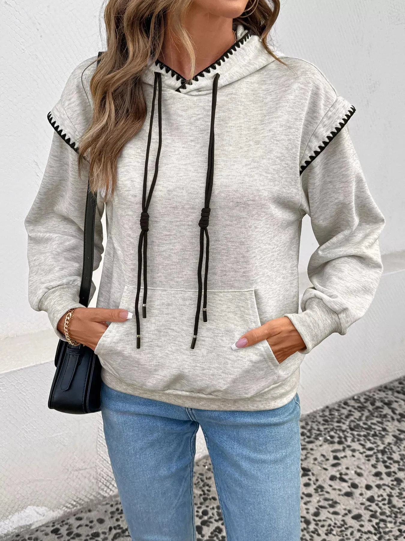 Contrast Trim Drawstring Hoodie with Kangaroo Pocket sold by Charming Charlie product image thumbnail 3