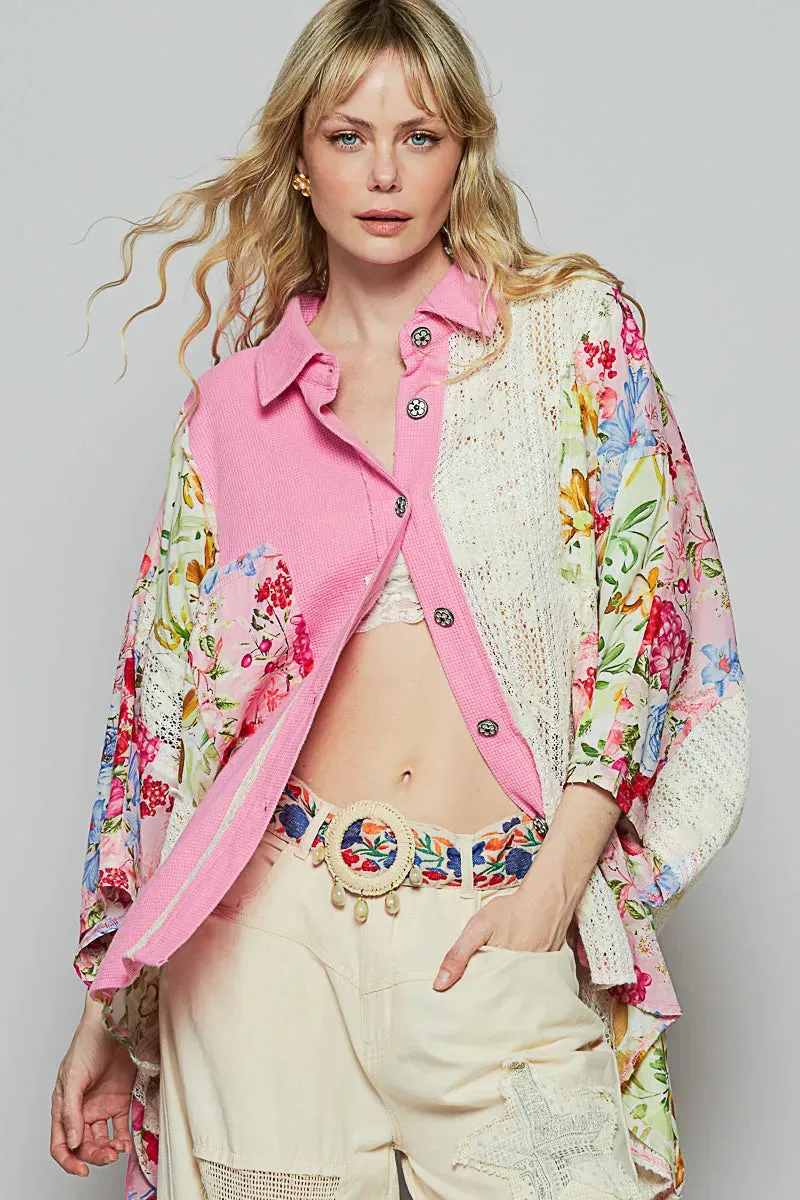 POL Thermal and Crochet Lace Mix Shirt with Floral Pattern sold by Charming Charlie