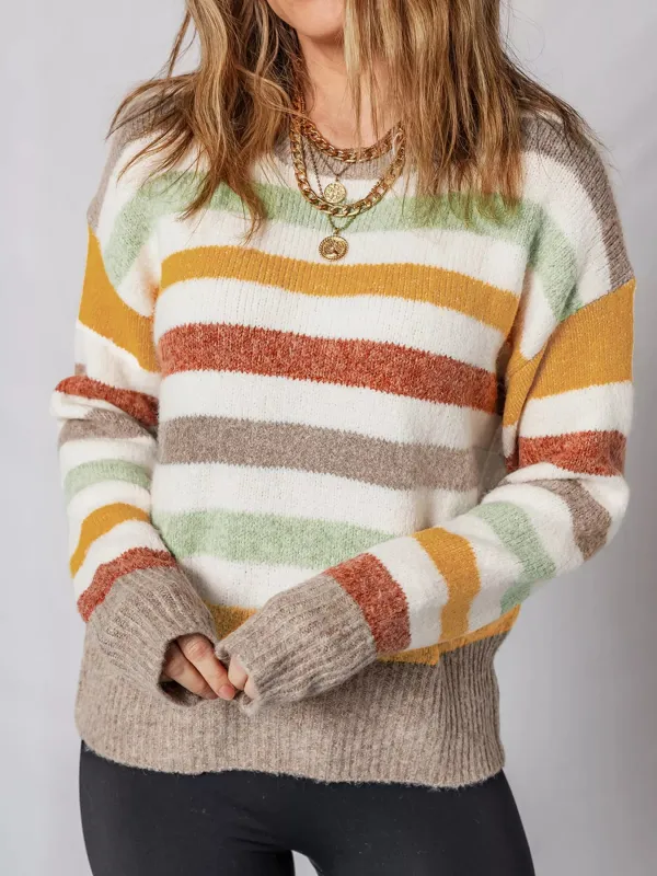 Multicolour Stripe Drop Shoulder Crew Neck Sweater sold by Charming Charlie