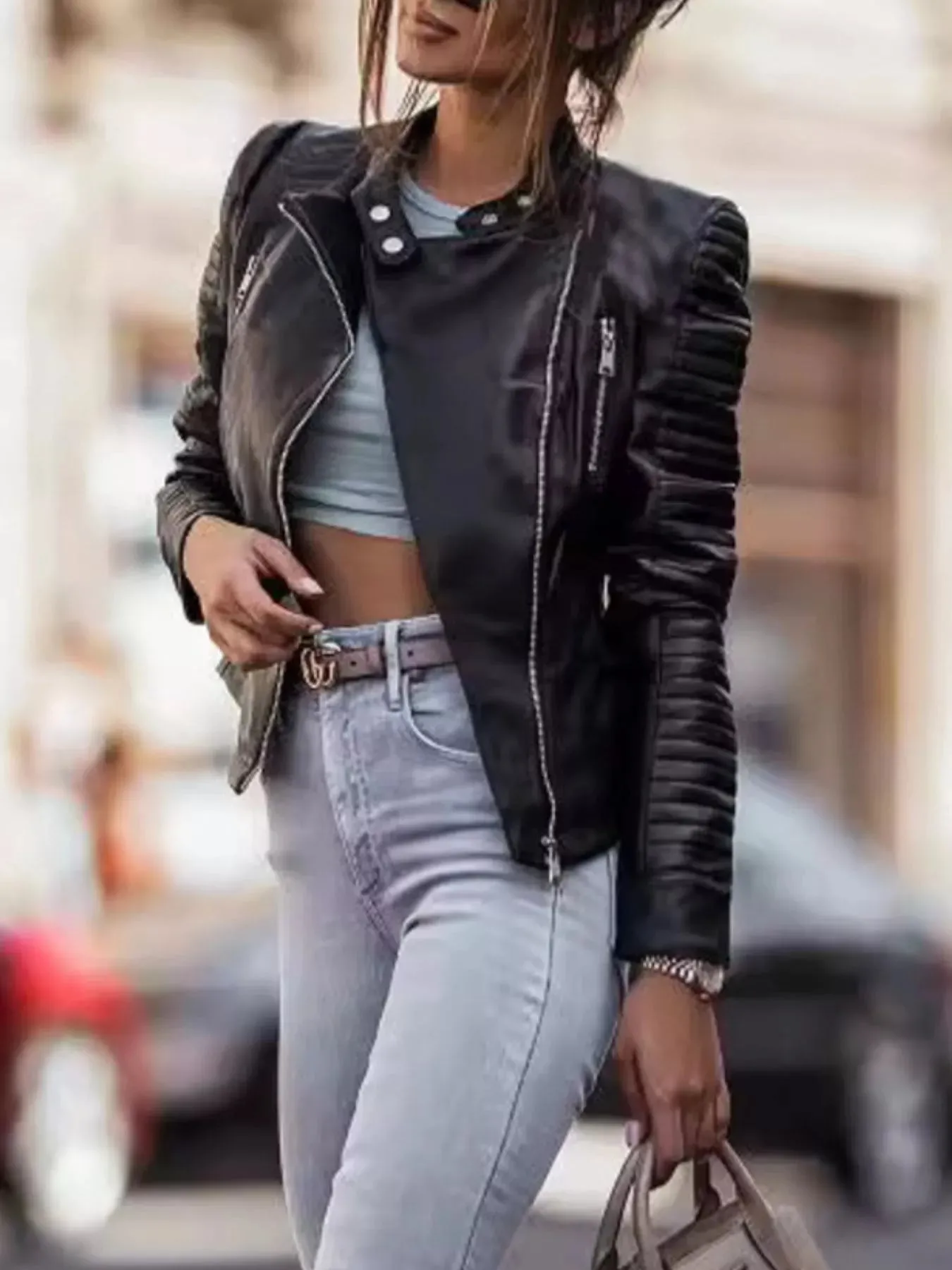 Quilted Sleeve Leather Moto Jacket sold by Charming Charlie product image thumbnail 3