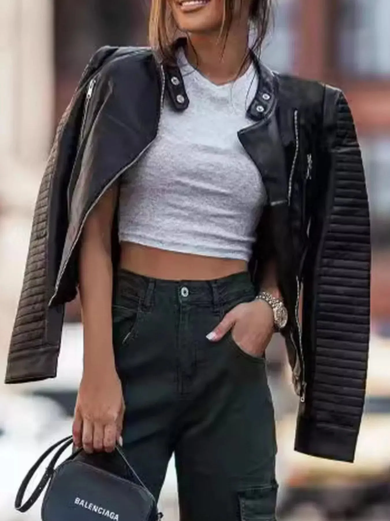 Quilted Sleeve Leather Moto Jacket sold by Charming Charlie product image thumbnail 4