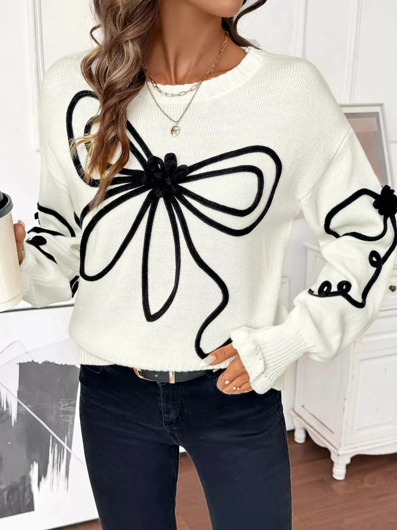 Bow Pattern Long Sleeve Sweater sold by Charming Charlie product image thumbnail 3
