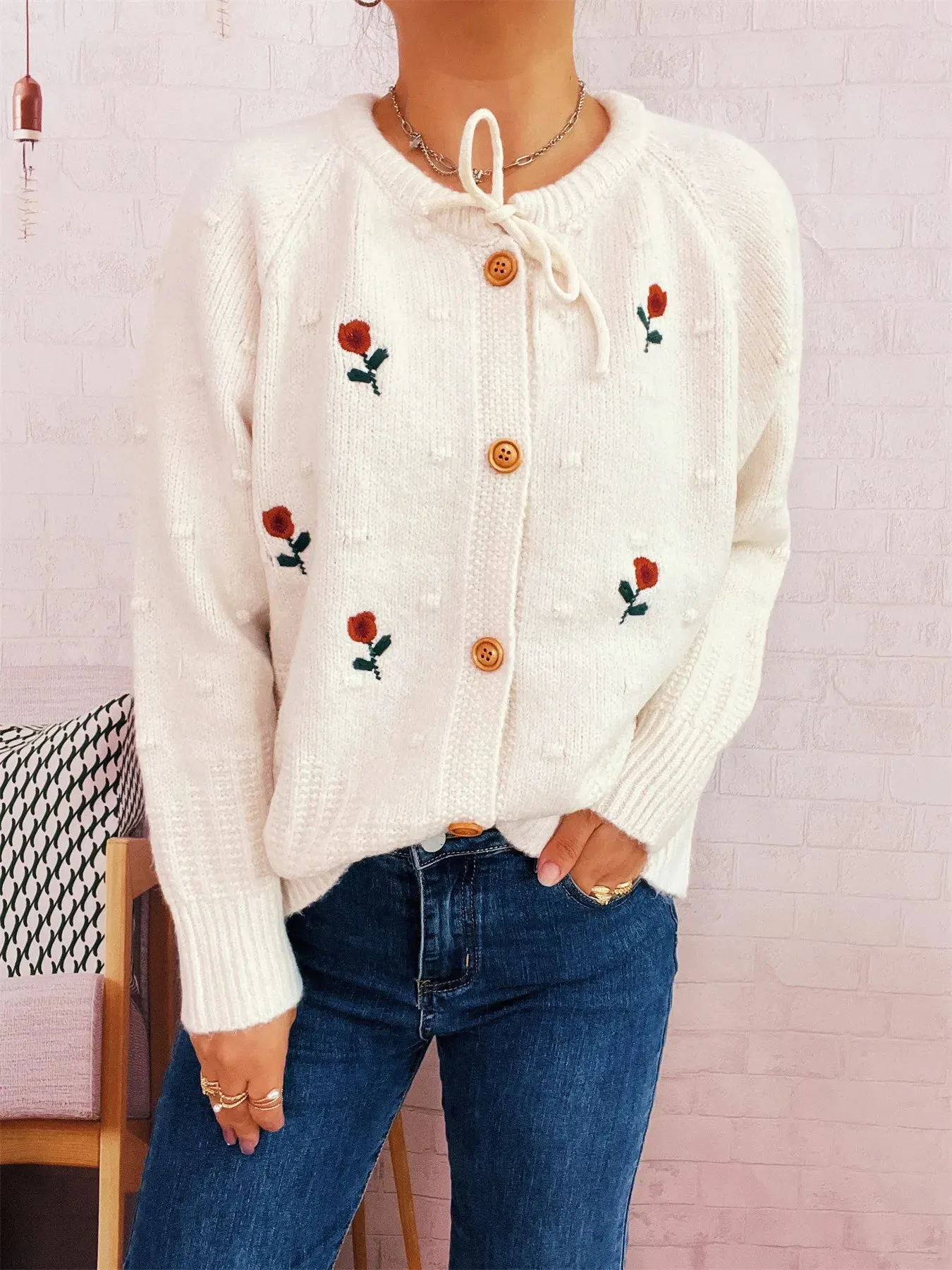Rose Embroidered Button-Up Cardigan sold by Charming Charlie product image thumbnail 3