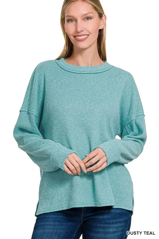 Zenana Brushed Ribbed Hacci Drop Shoulder Sweater sold by Charming Charlie