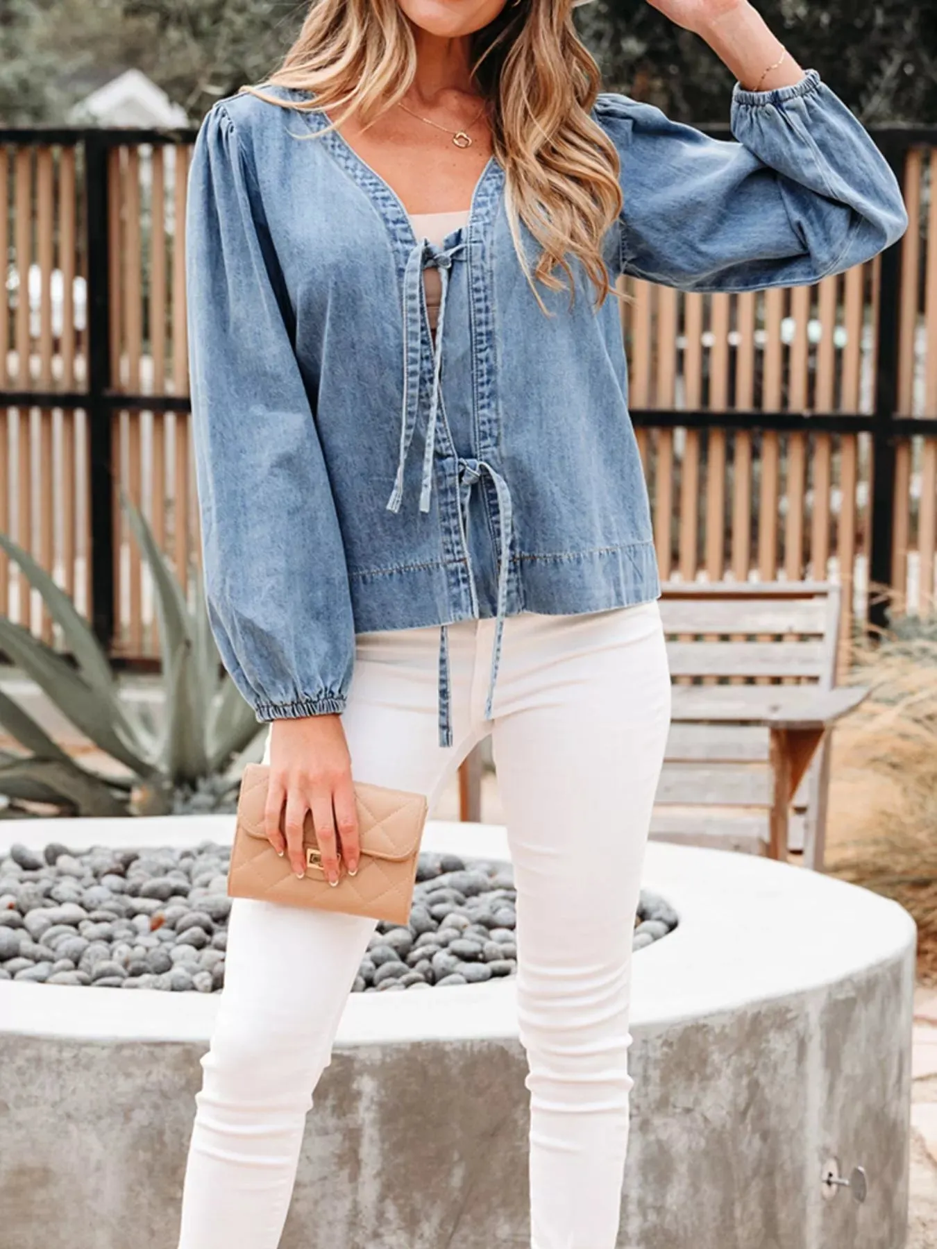 Tied Front Puff Sleeve Denim Top sold by Charming Charlie product image thumbnail 5