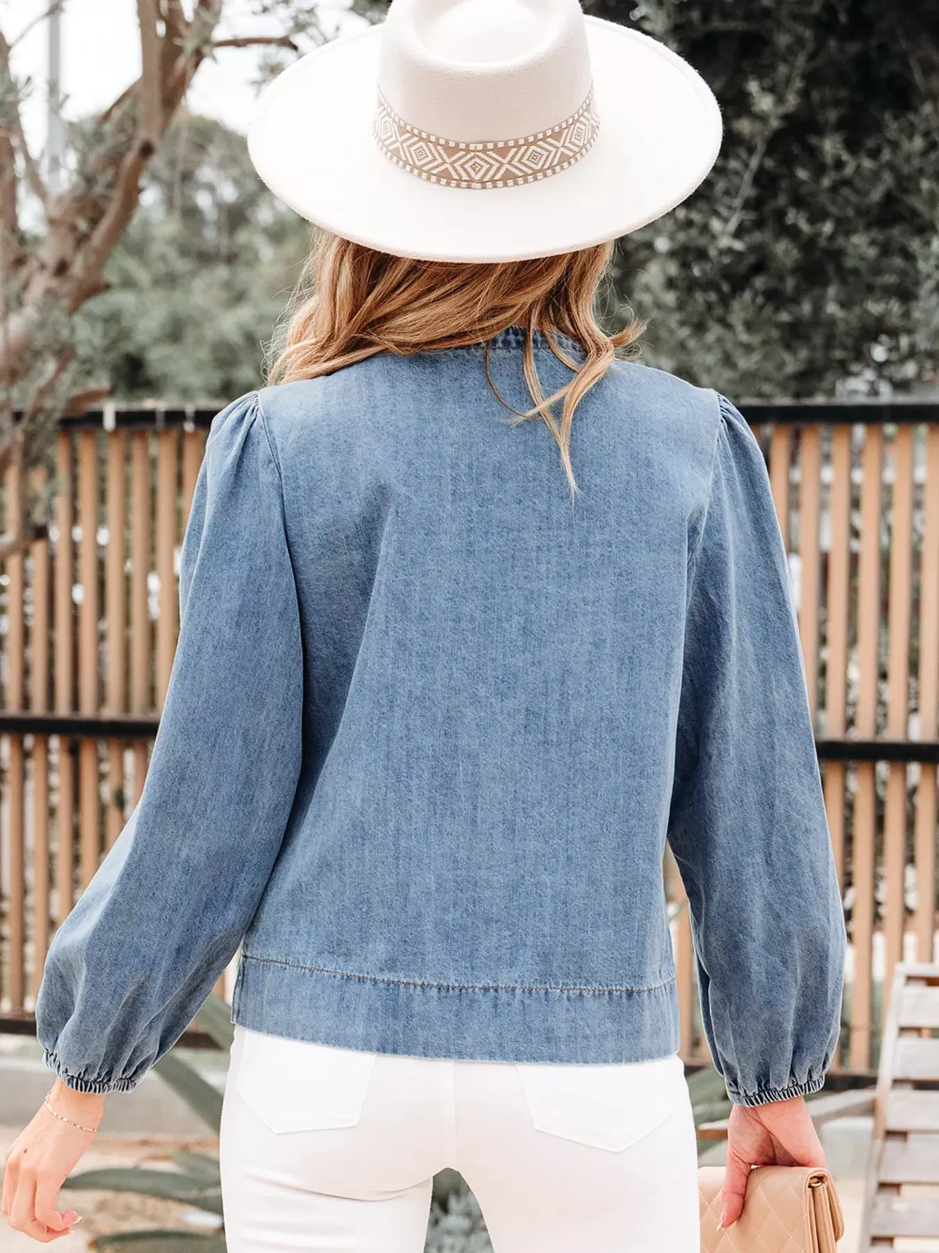 Tied Front Puff Sleeve Denim Top sold by Charming Charlie product image thumbnail 3