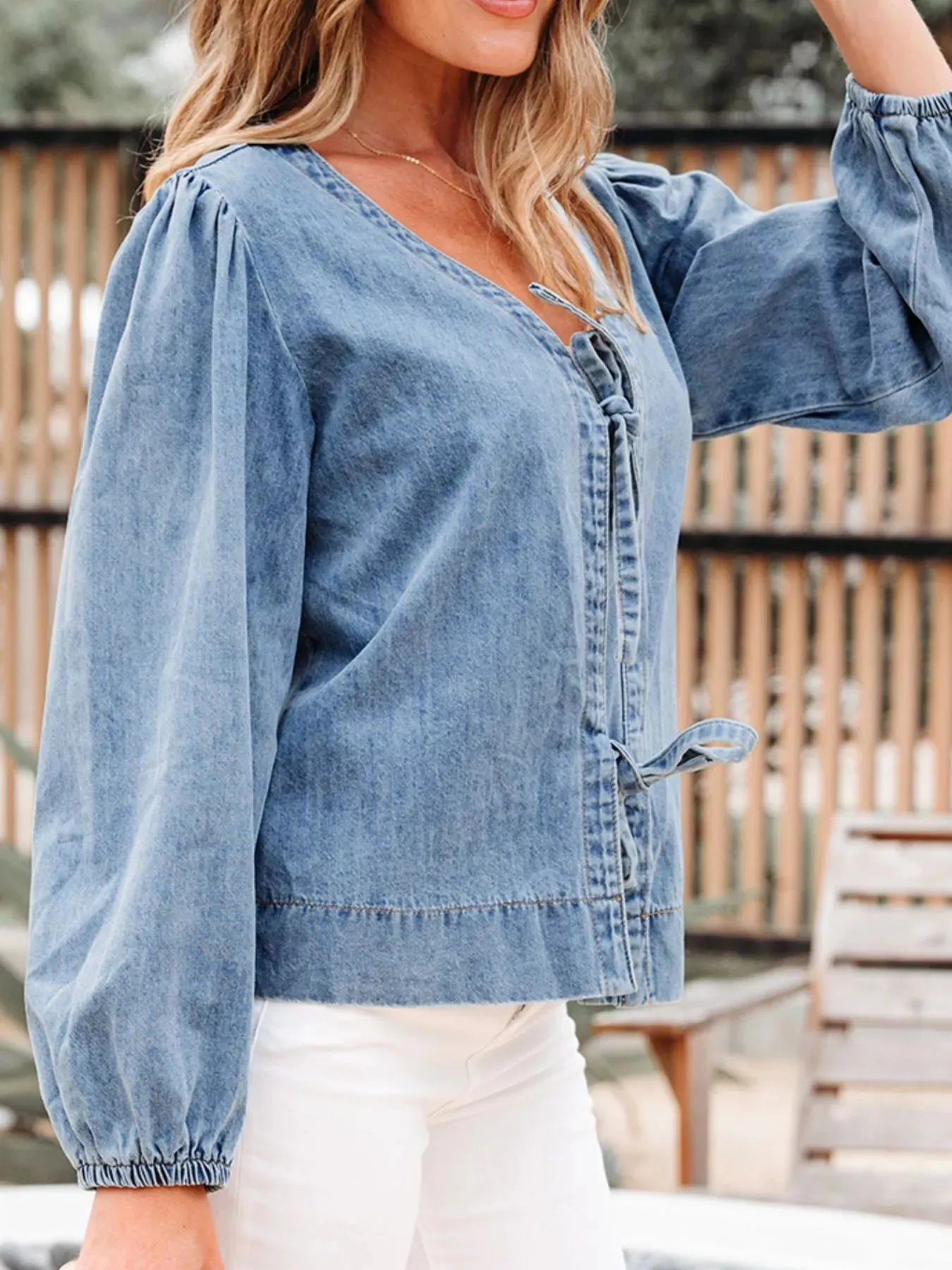 Tied Front Puff Sleeve Denim Top sold by Charming Charlie product image thumbnail 4