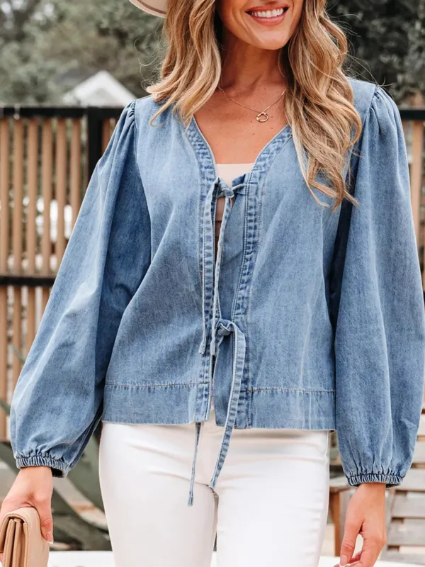 Tied Front Puff Sleeve Denim Top sold by Charming Charlie