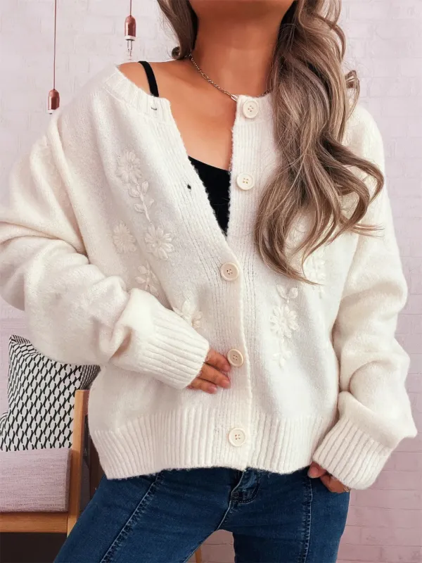 Flower Button Up Ribbed Hem Cardigan sold by Charming Charlie