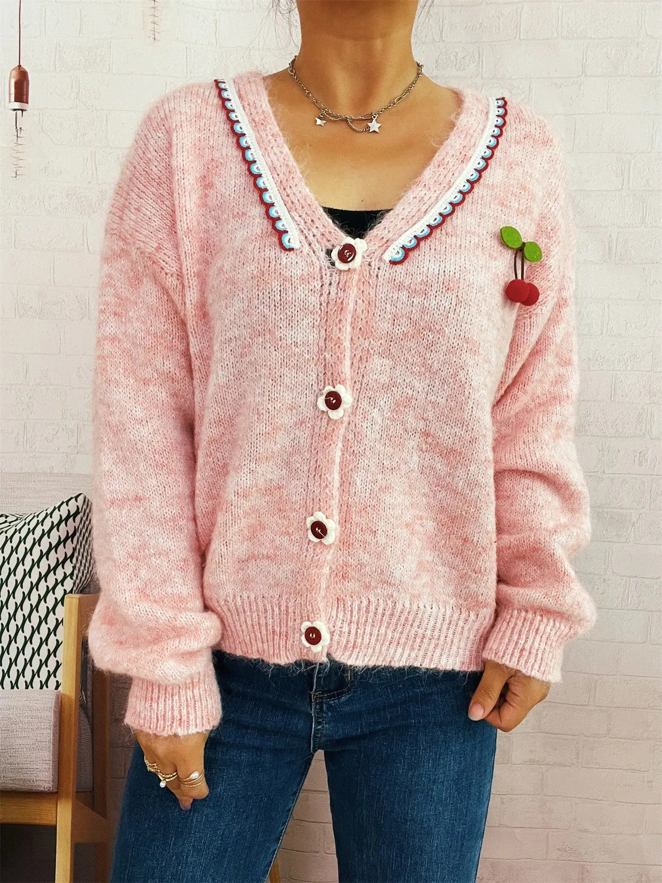Cherry Button-Front Long Sleeve Cardigan sold by Charming Charlie product image thumbnail 3