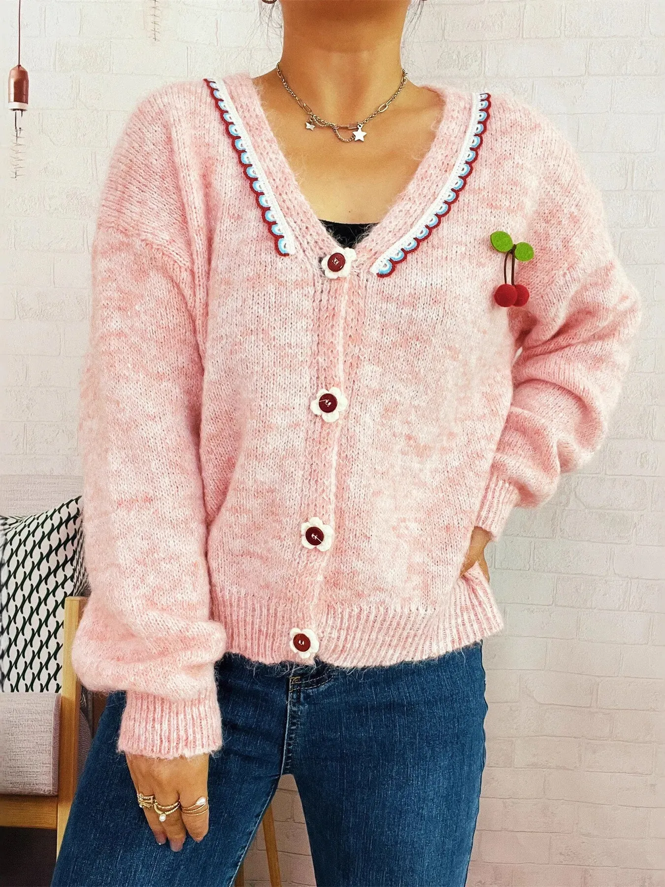 Cherry Button-Front Long Sleeve Cardigan sold by Charming Charlie product image thumbnail 4