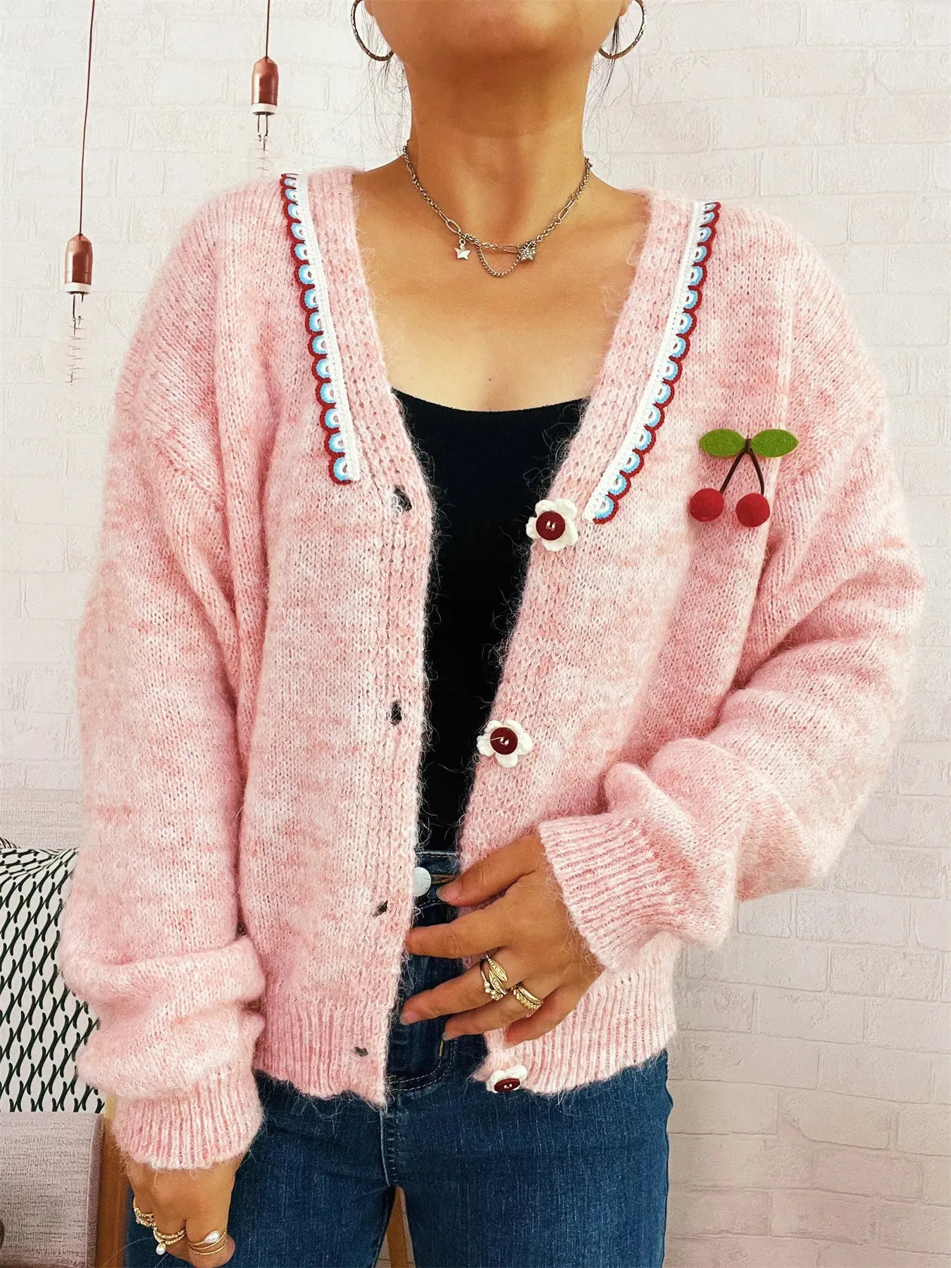 Cherry Button-Front Long Sleeve Cardigan sold by Charming Charlie