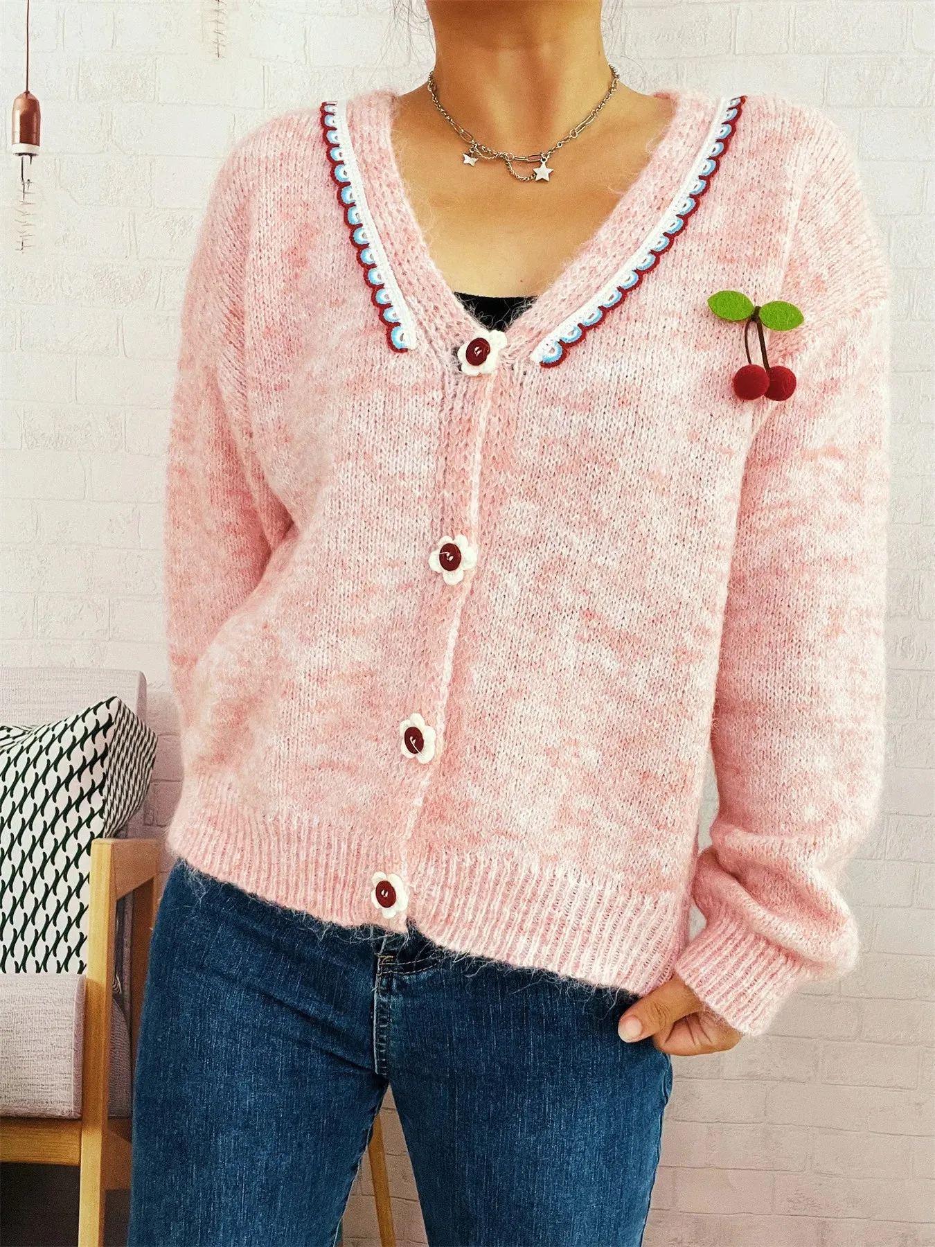 Cherry Button-Front Long Sleeve Cardigan sold by Charming Charlie product image thumbnail 5