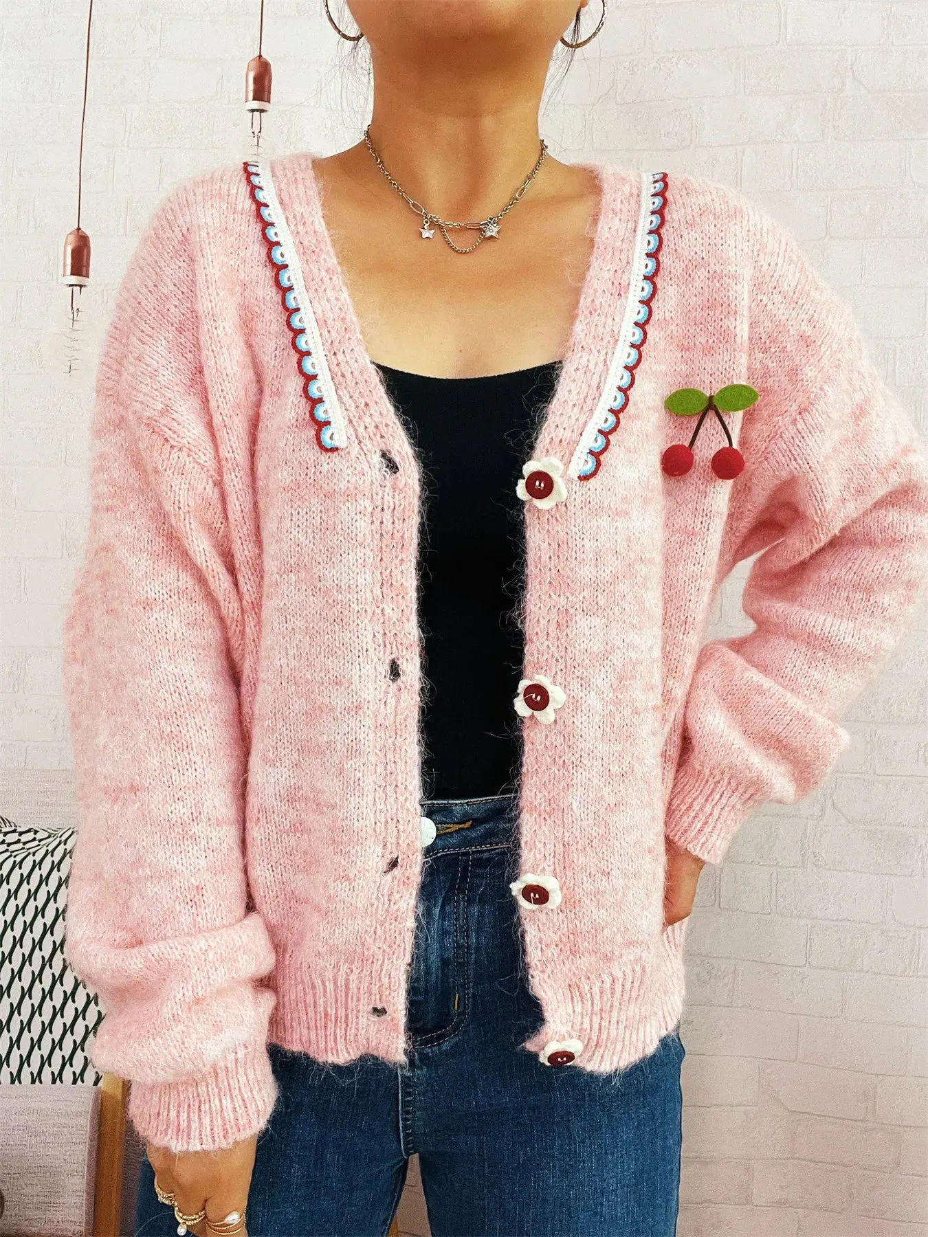 Cherry Button-Front Long Sleeve Cardigan sold by Charming Charlie product image thumbnail 2