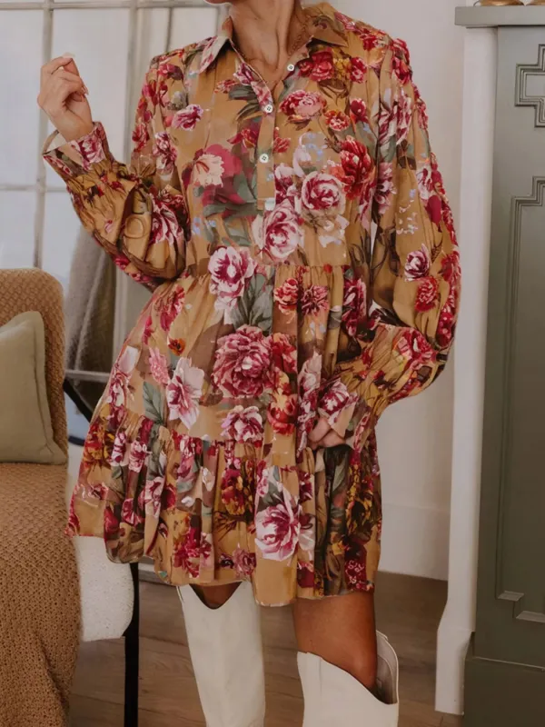 Floral Print Half Button Flounce Sleeve Ruffle Mini Dress sold by Charming Charlie