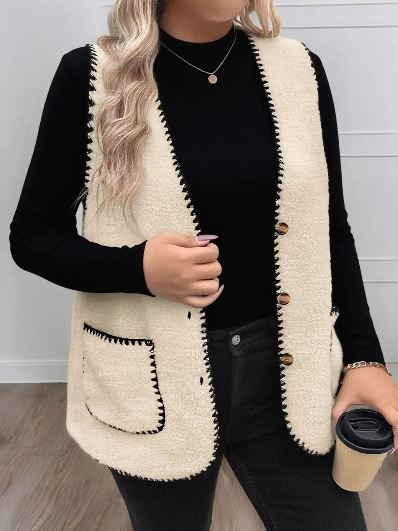 Plus Size Contrast Trim Button Up Vest Coat sold by Charming Charlie product image thumbnail 5