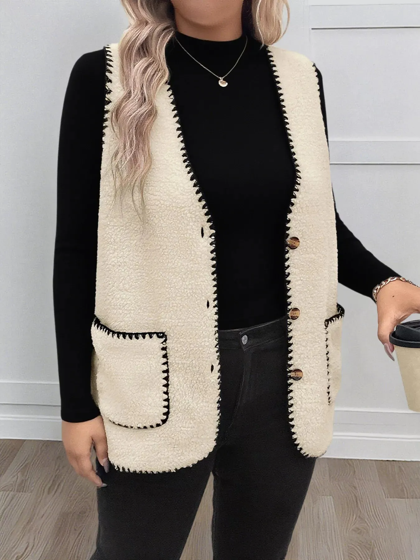 Plus Size Contrast Trim Button Up Vest Coat sold by Charming Charlie product image thumbnail 2