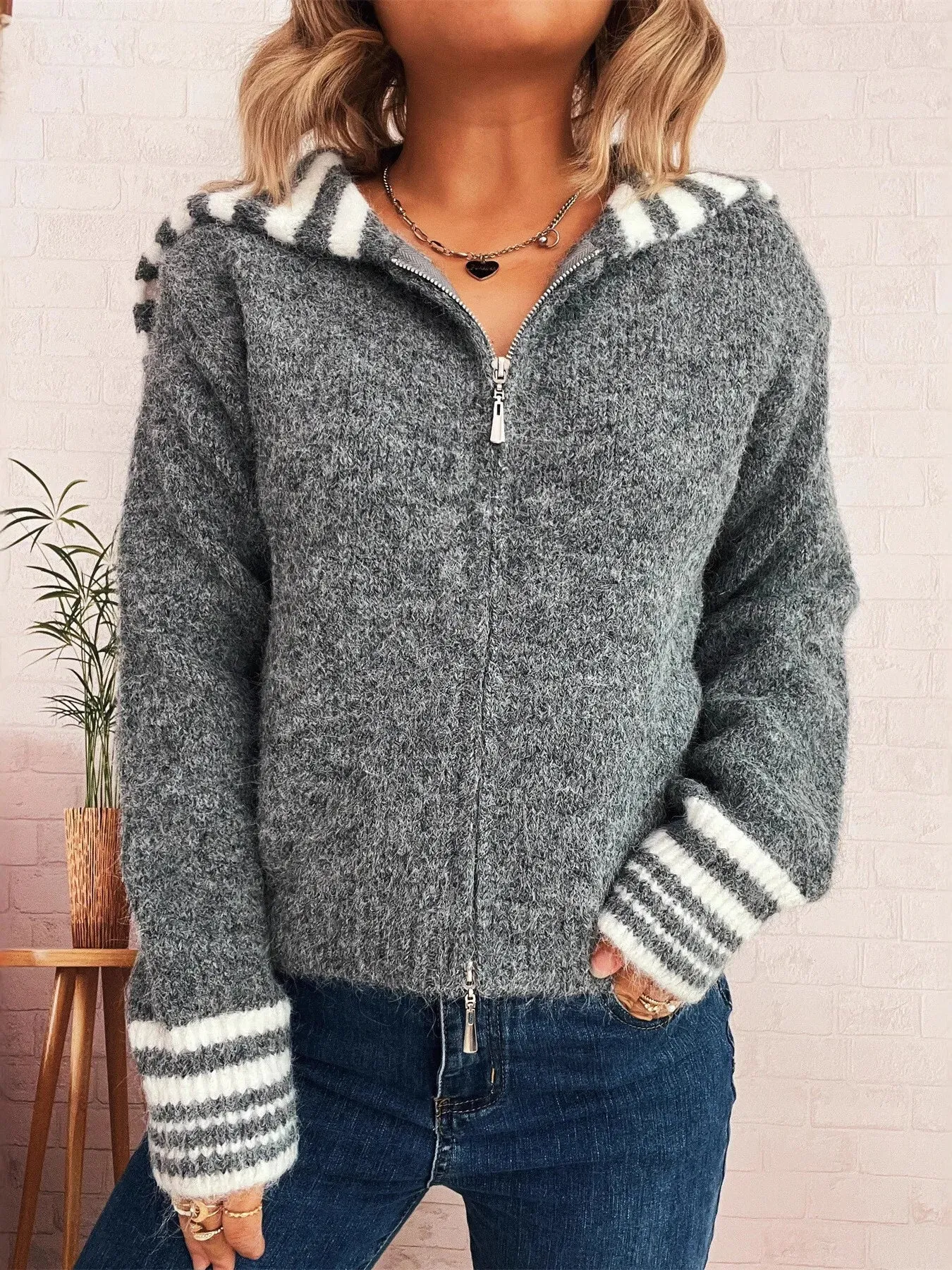 Striped Zip-Up Cardigan sold by Charming Charlie
