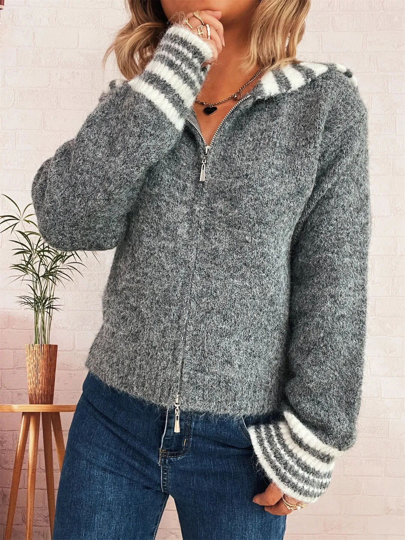 Striped Zip-Up Cardigan sold by Charming Charlie product image thumbnail 3