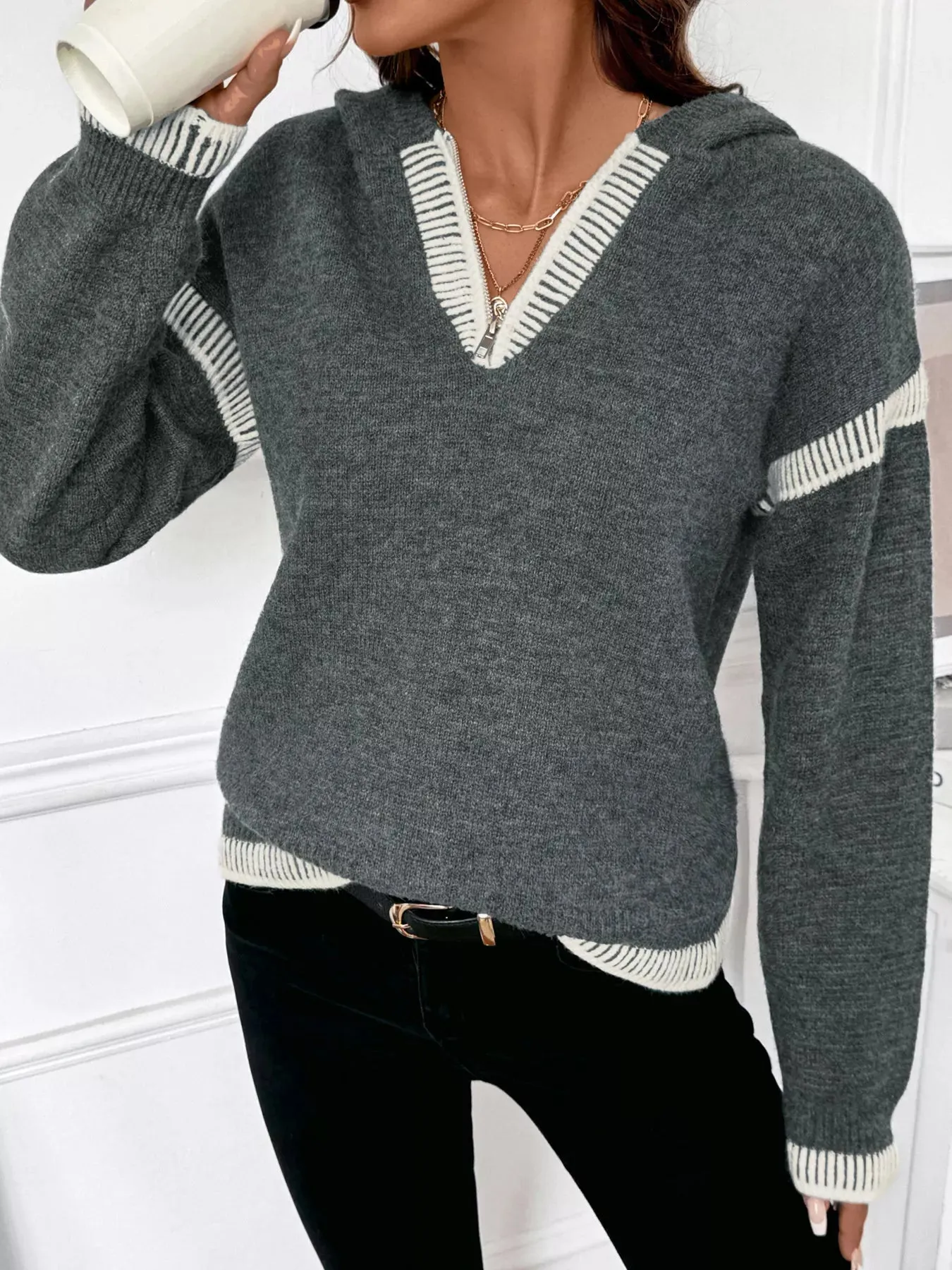 Contrast Trim Quarter Zip Hooded Sweater sold by Charming Charlie product image thumbnail 2