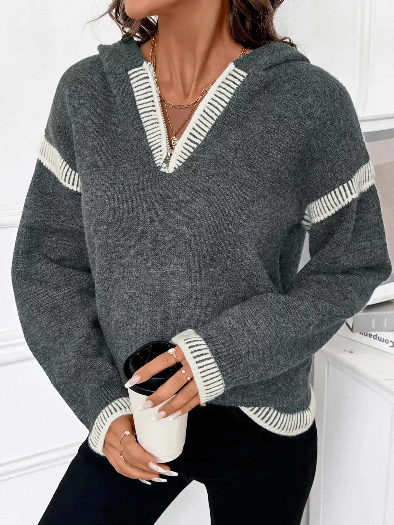 Contrast Trim Quarter Zip Hooded Sweater sold by Charming Charlie