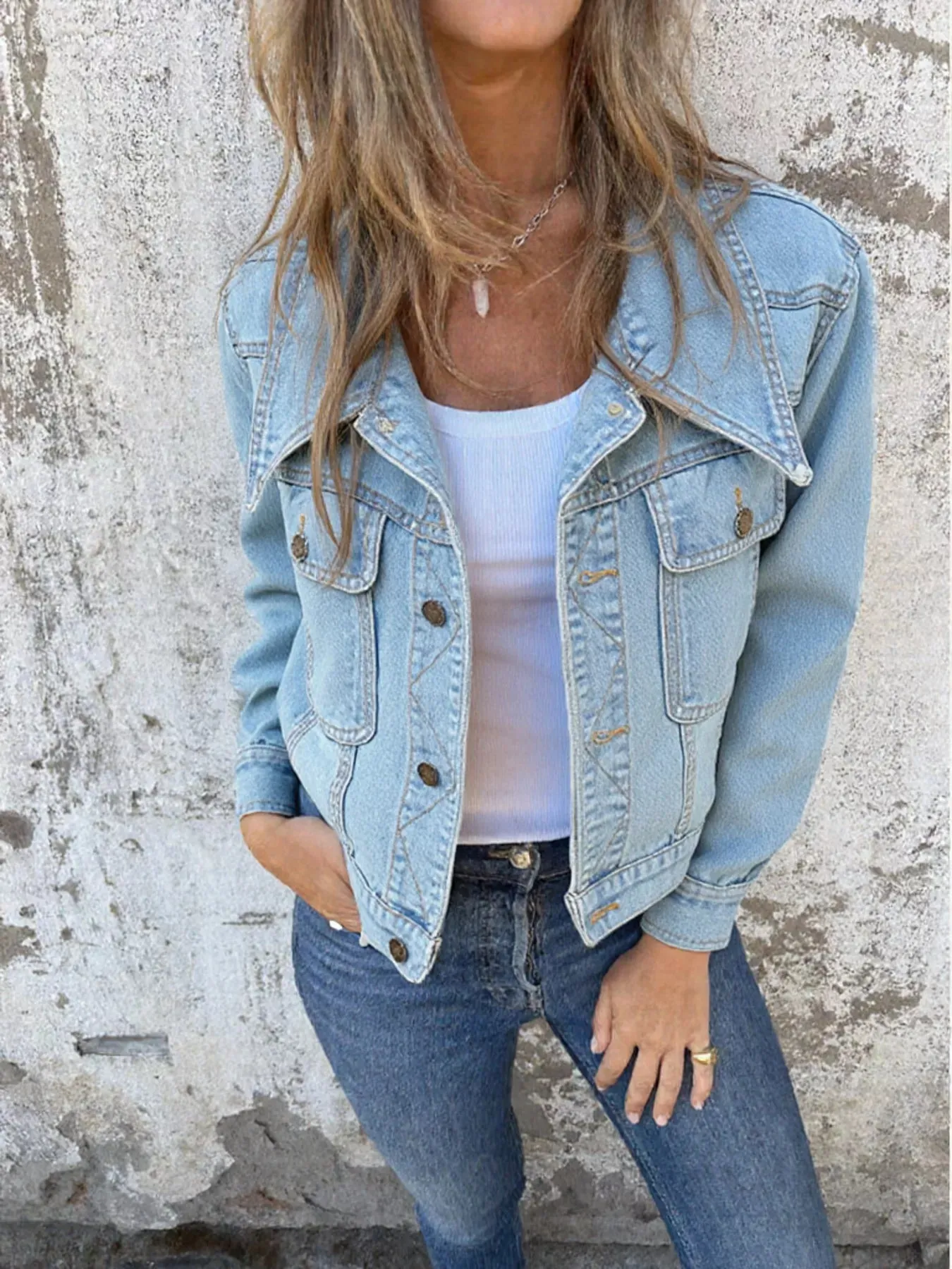 Button Up Wash Denim Jacket sold by Charming Charlie product image thumbnail 3