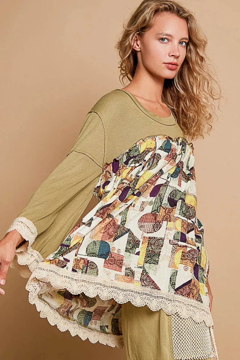 POL Bohemian Geometric Print Long Sleeve Top with Lace Trim sold by Charming Charlie product image thumbnail 3