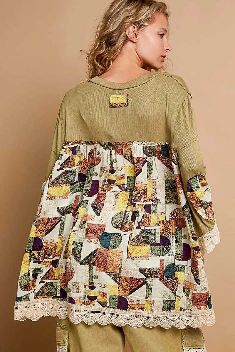POL Bohemian Geometric Print Long Sleeve Top with Lace Trim sold by Charming Charlie product image thumbnail 4