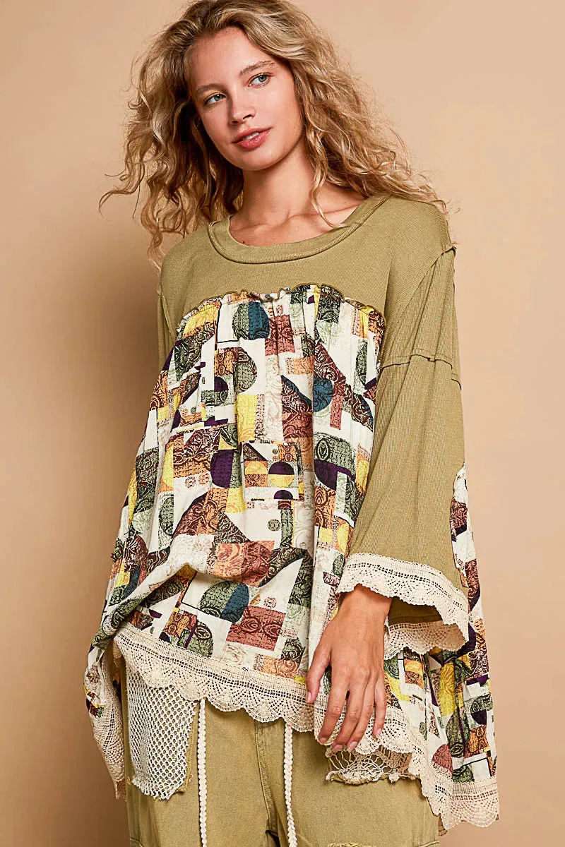 POL Bohemian Geometric Print Long Sleeve Top with Lace Trim sold by Charming Charlie