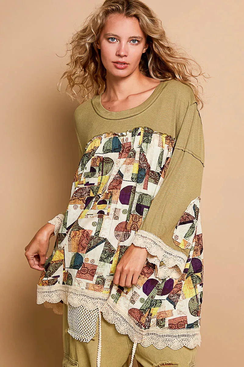 POL Bohemian Geometric Print Long Sleeve Top with Lace Trim sold by Charming Charlie product image thumbnail 2