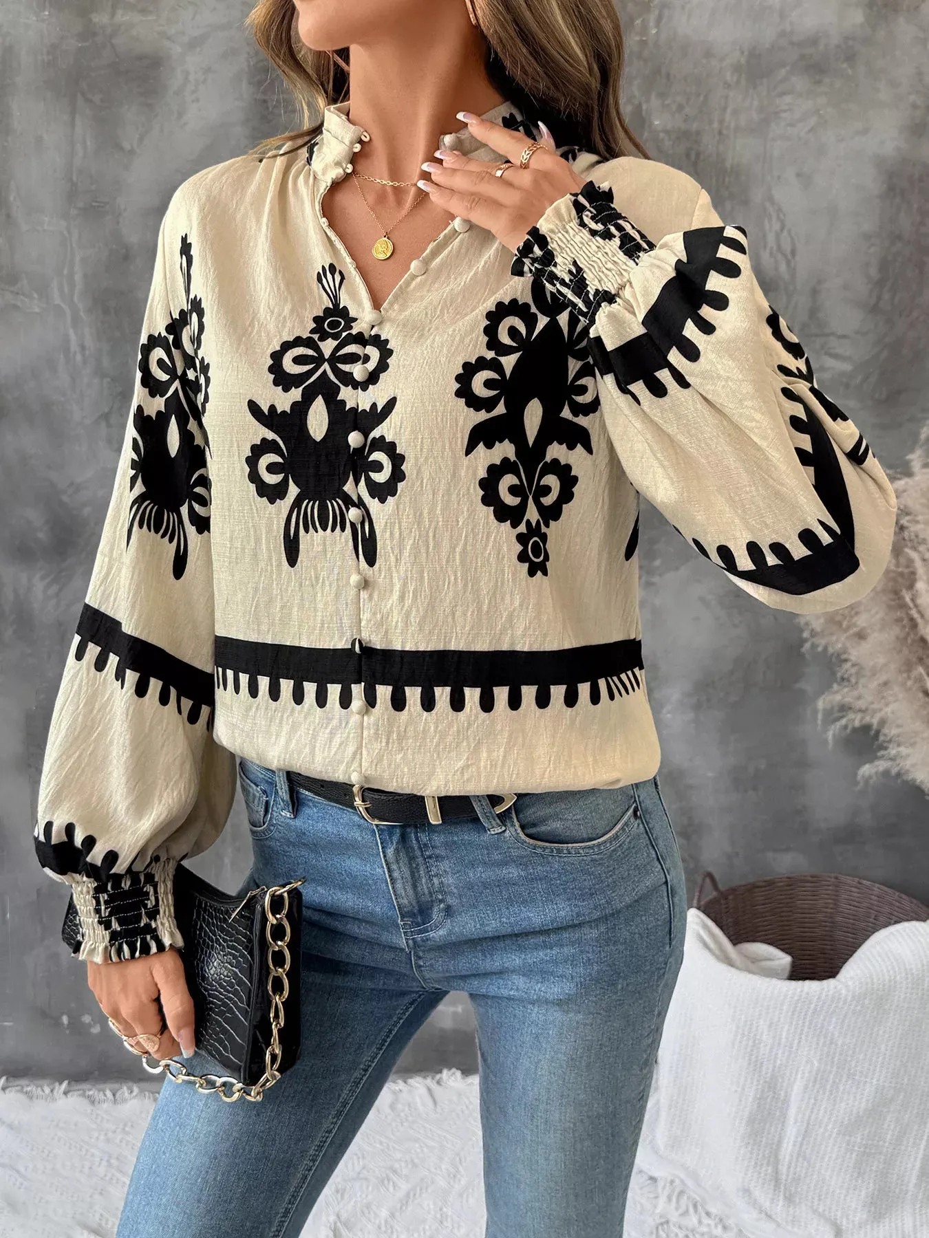 Printed Notched Lantern Sleeve Blouse sold by Charming Charlie product image thumbnail 4