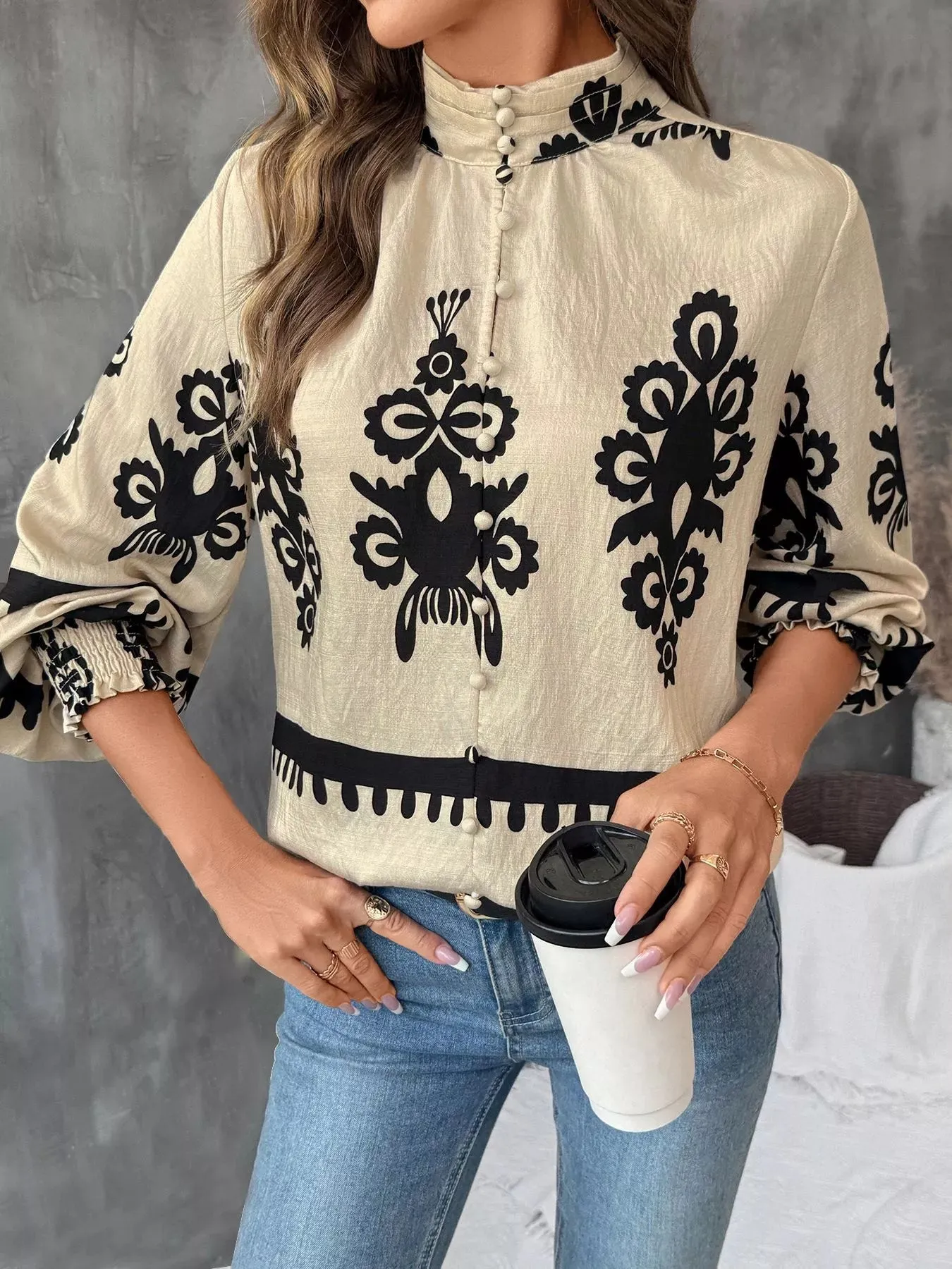 Printed Notched Lantern Sleeve Blouse sold by Charming Charlie product image thumbnail 5