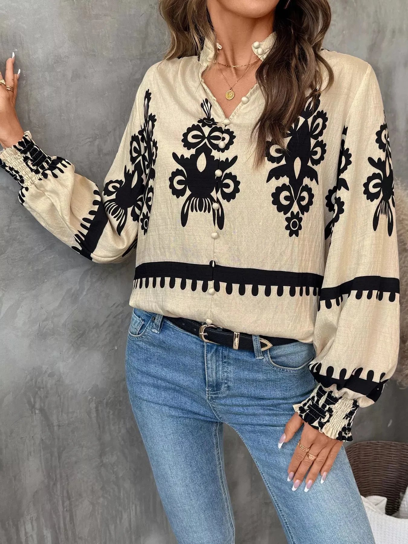 Printed Notched Lantern Sleeve Blouse sold by Charming Charlie product image thumbnail 3