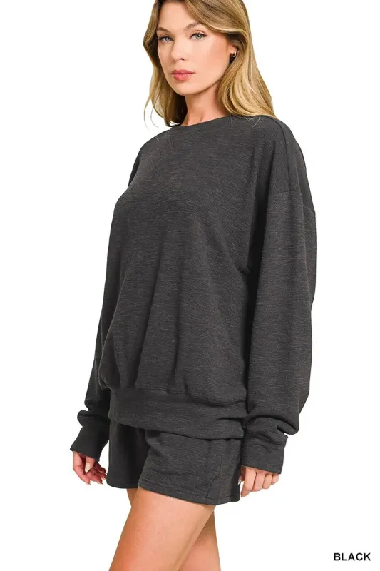 Zenana Slub Long Sleeve Top and Shorts Set sold by Charming Charlie