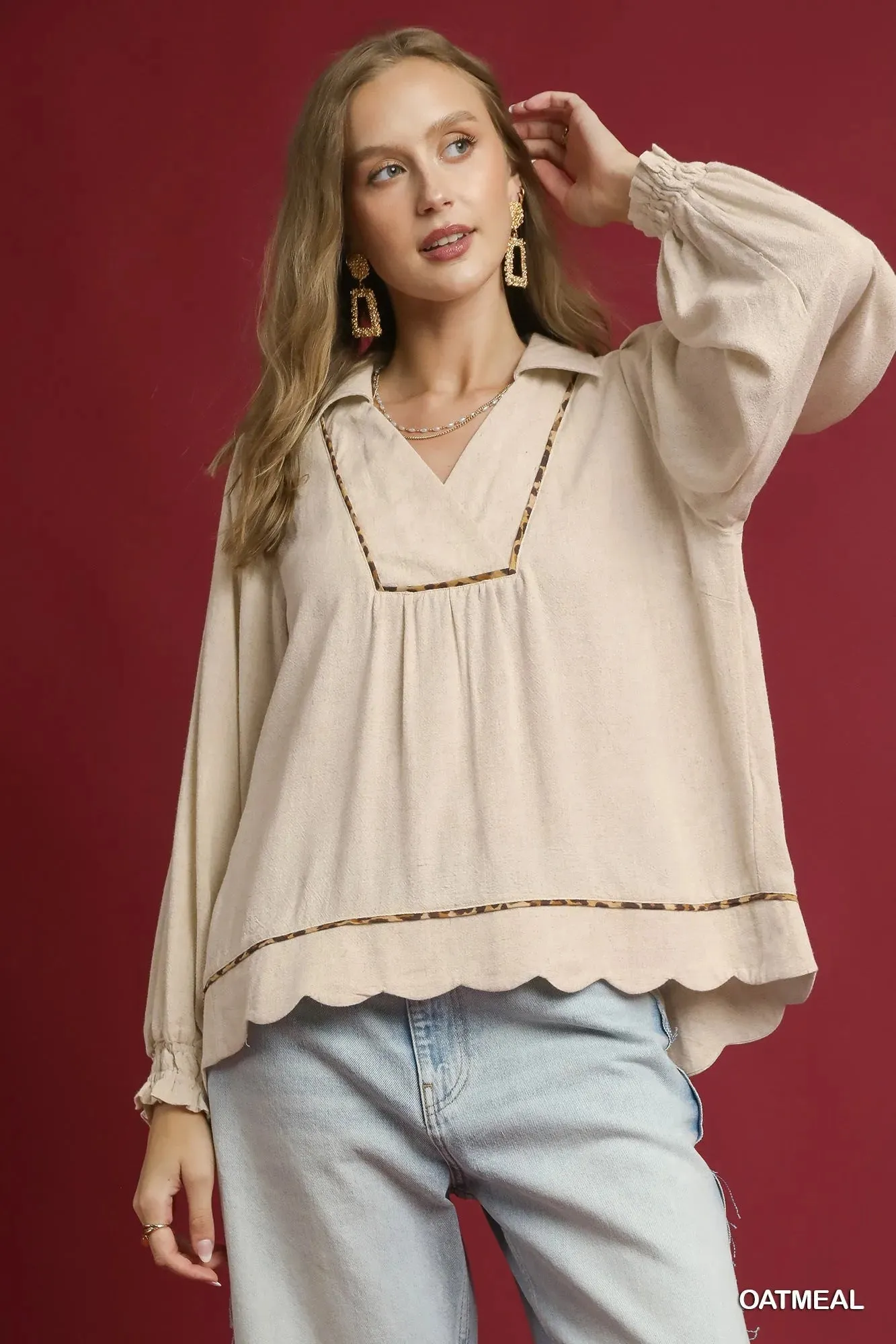 Umgee Full Size Linen Scallop Hem Blouse with Contrast Trim Plus Size sold by Charming Charlie