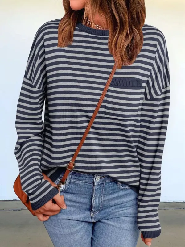 Striped Round Neck Long Sleeve Knit Top sold by Charming Charlie
