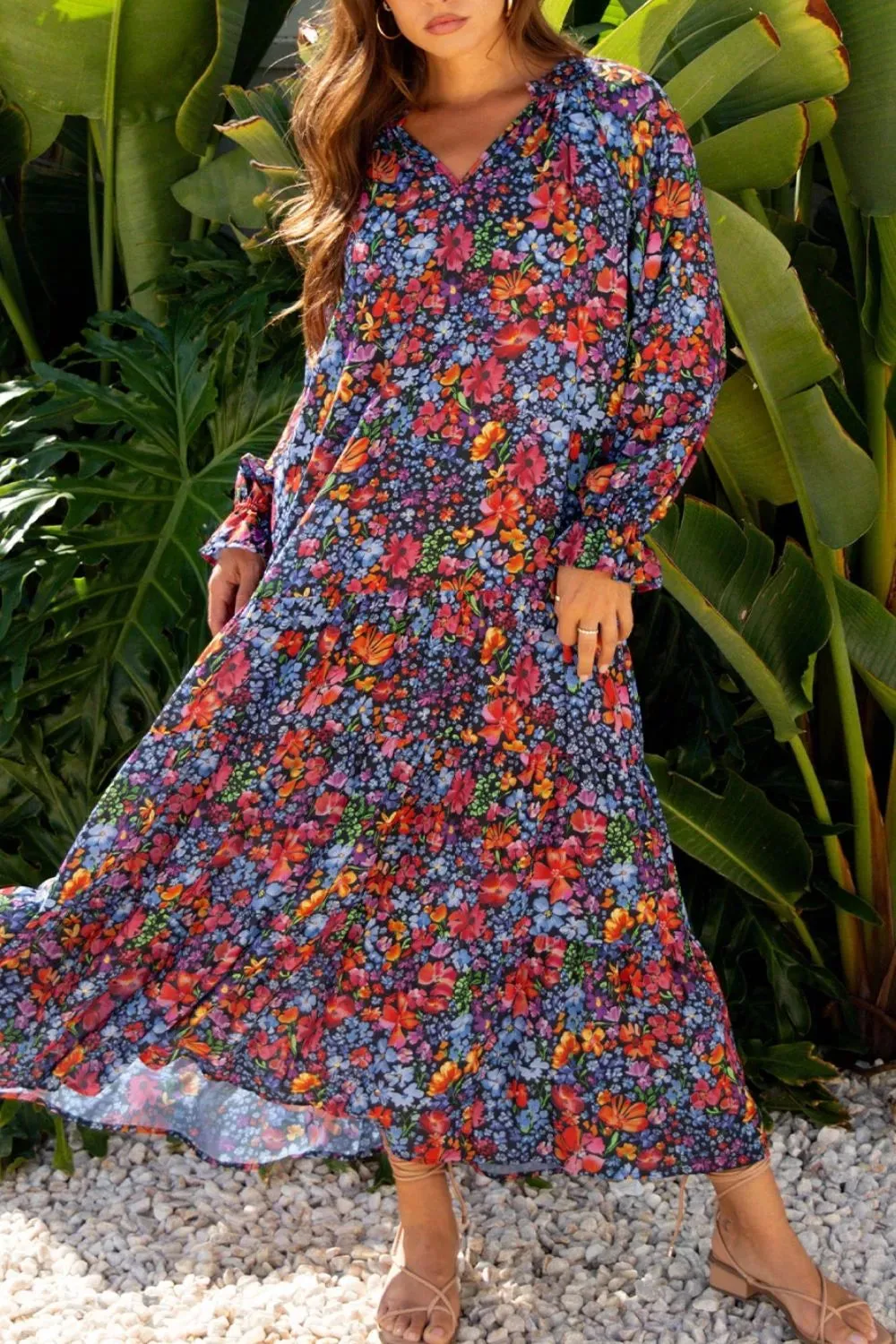 Floral Notched Flounce Sleeve Maxi Dress sold by Charming Charlie