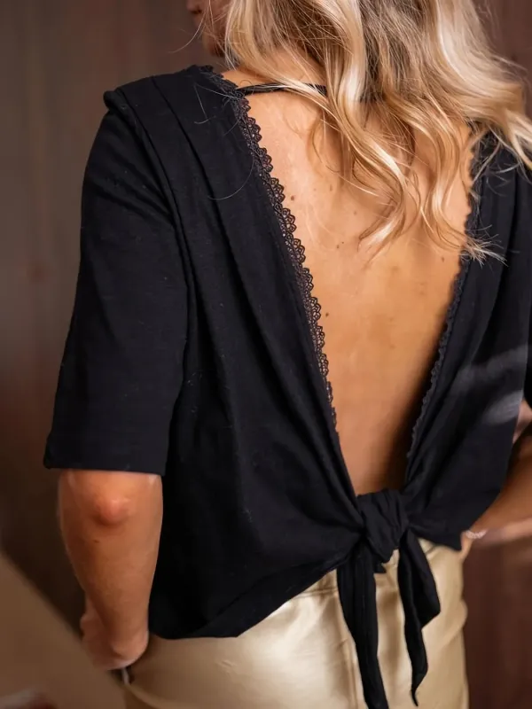 Lace Trim Open Back Tie Blouse sold by Charming Charlie