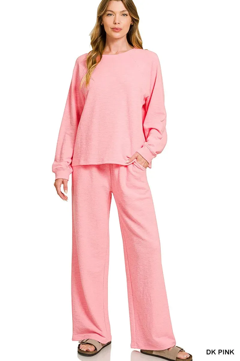 Zenana Slub Long Sleeve Top and Pants Lounge Set sold by Charming Charlie