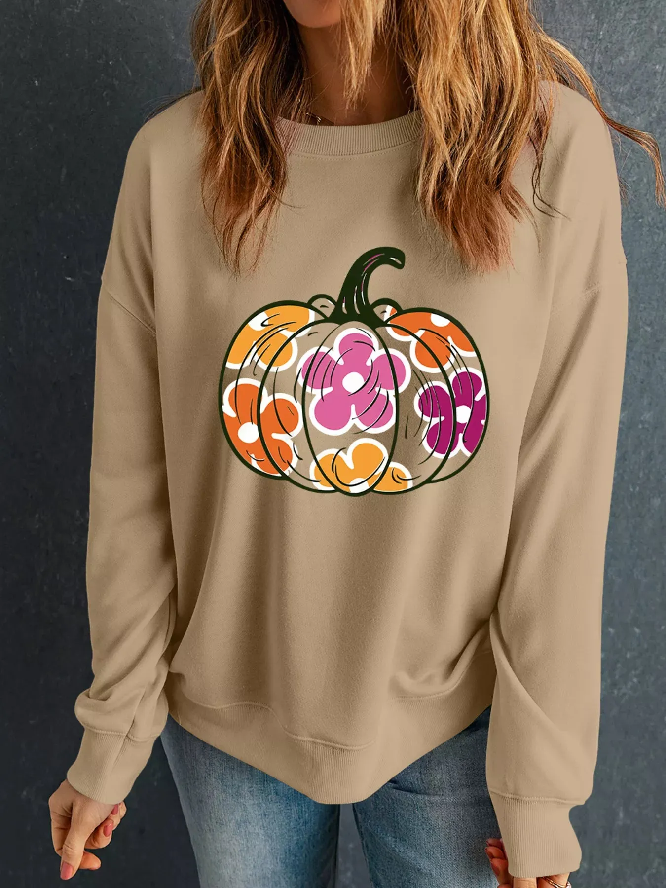 Halloween Floral Pumpkin Graphic Drop Shoulder Sweatshirt sold by Charming Charlie product image thumbnail 3