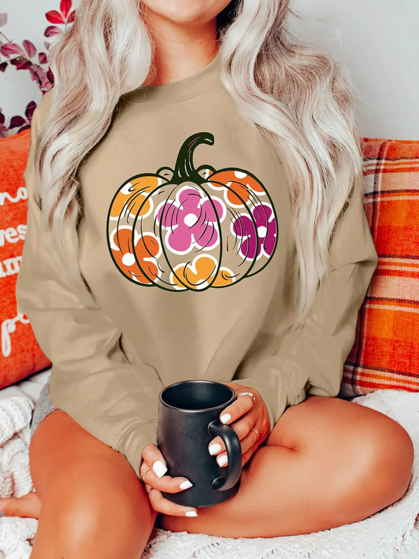 Halloween Floral Pumpkin Graphic Drop Shoulder Sweatshirt sold by Charming Charlie