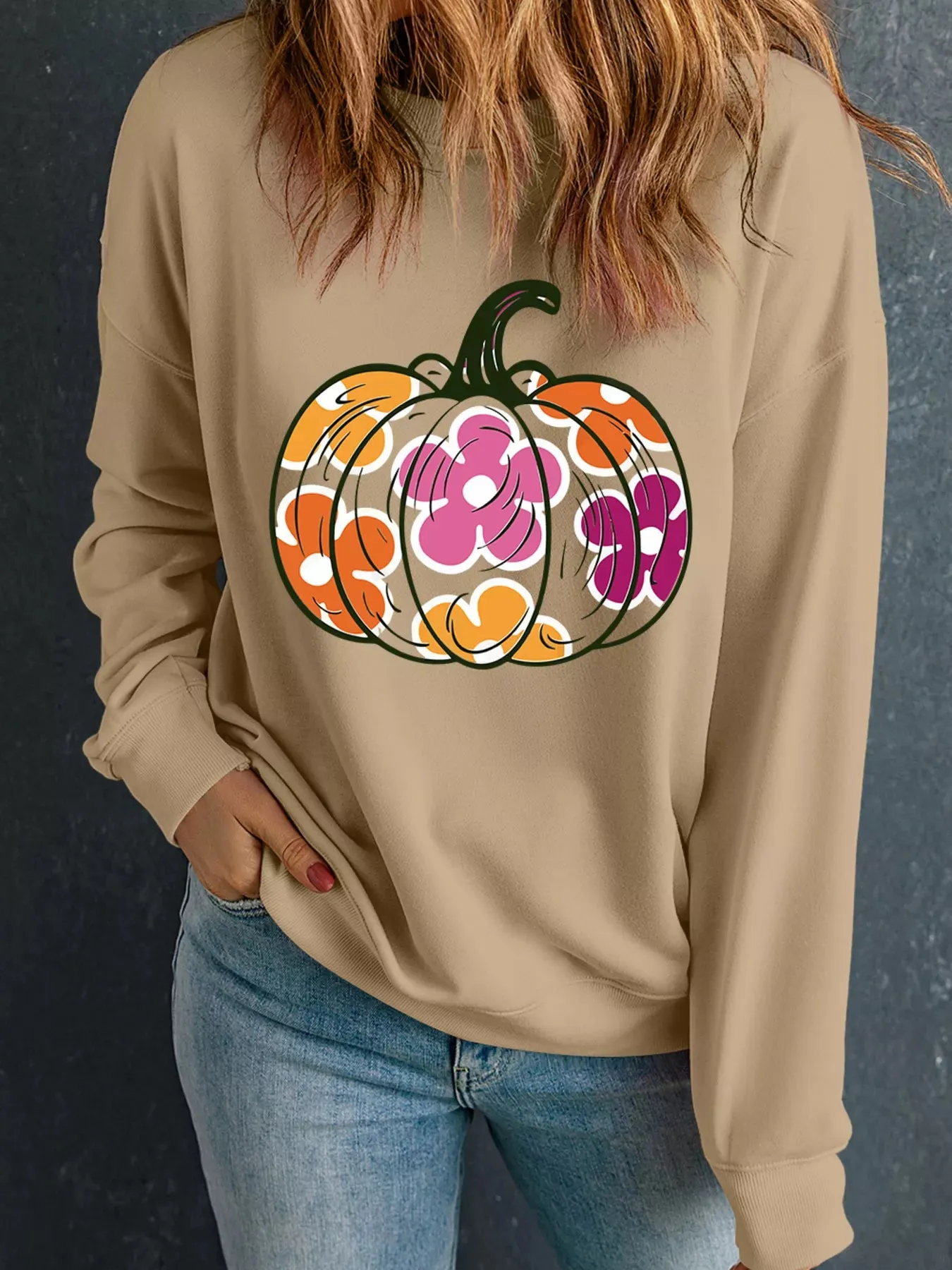 Halloween Floral Pumpkin Graphic Drop Shoulder Sweatshirt sold by Charming Charlie product image thumbnail 2