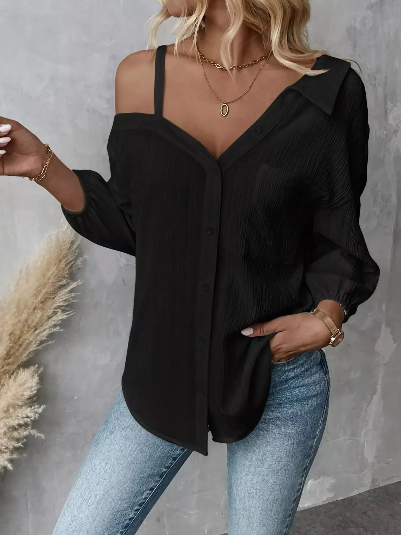 Asymmetrical Cold Shoulder Button Up Shirt sold by Charming Charlie product image thumbnail 2