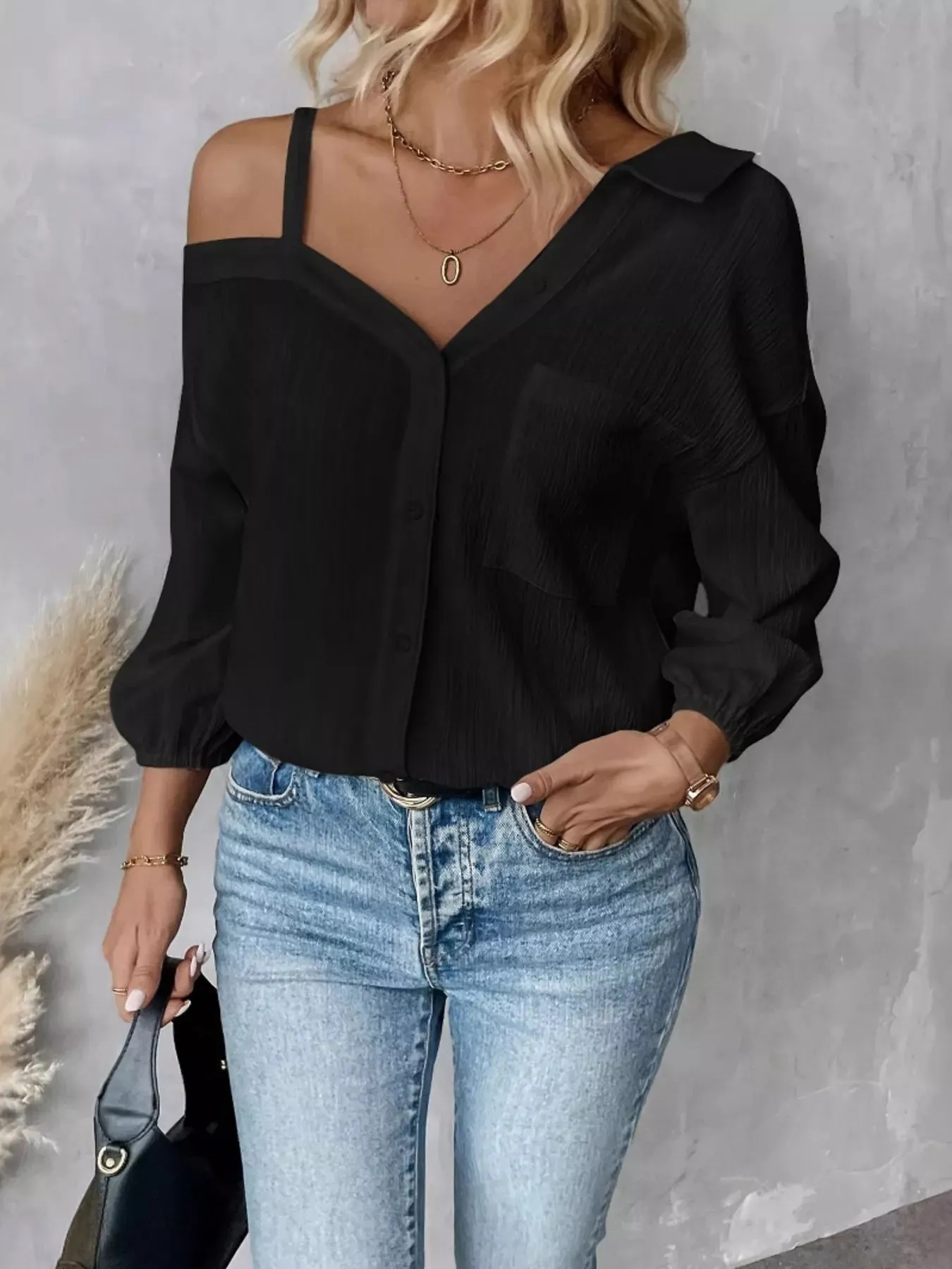 Asymmetrical Cold Shoulder Button Up Shirt sold by Charming Charlie product image thumbnail 3