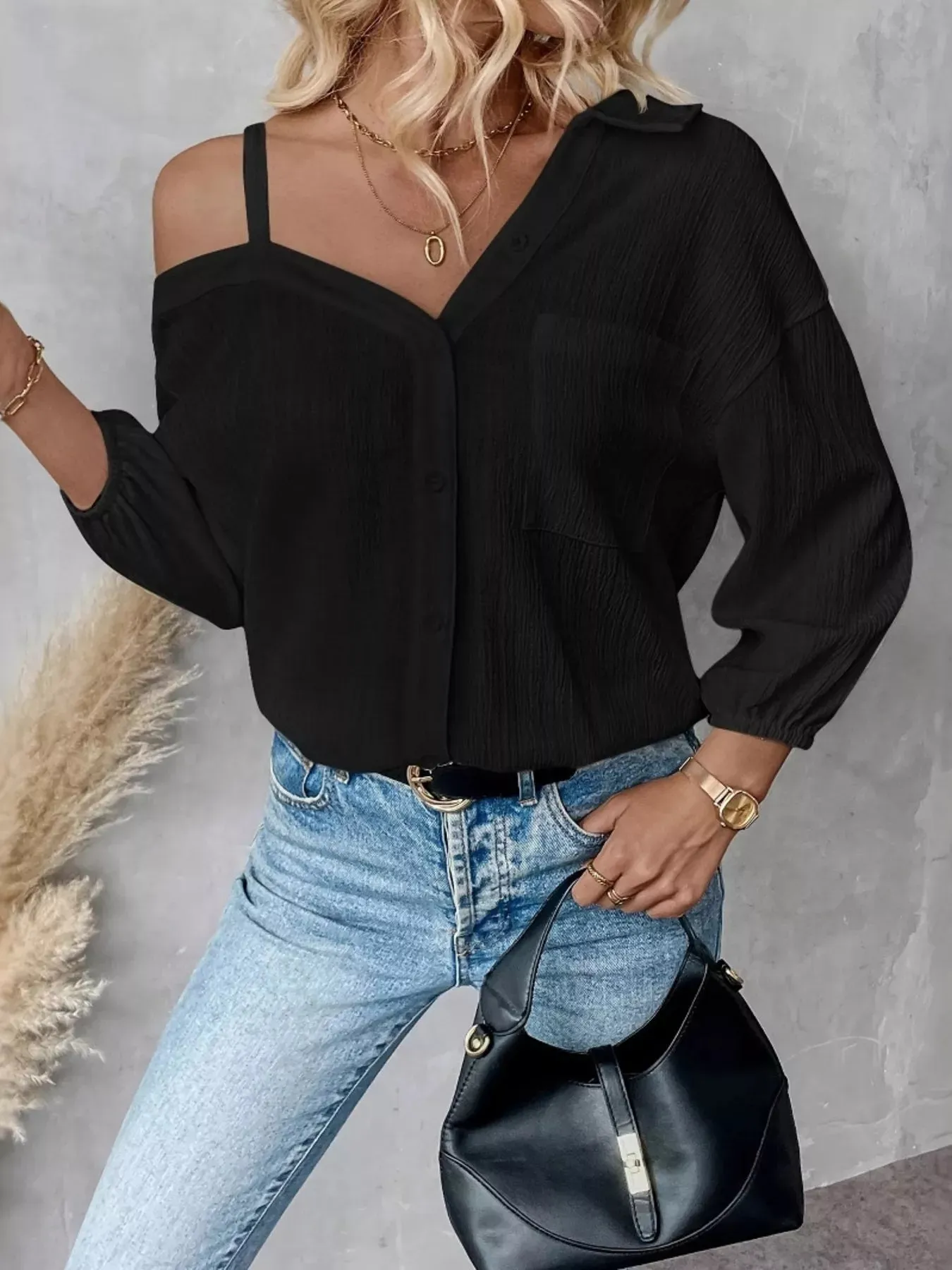 Asymmetrical Cold Shoulder Button Up Shirt sold by Charming Charlie product image thumbnail 4
